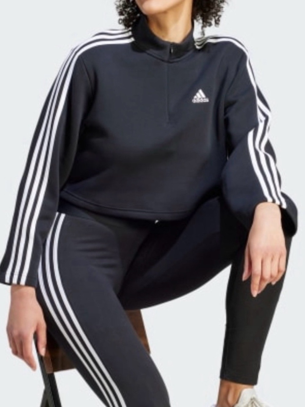 adidas Black Quarter-Zip Pullover with White Stripes